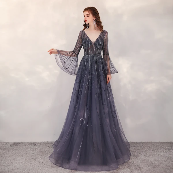 Luxury / Gorgeous Navy Blue Red Carpet Evening Dresses  2020 A-Line / Princess Deep V-Neck Bell sleeves Sequins Beading Floor-Length / Long Ruffle Backless Formal Dresses