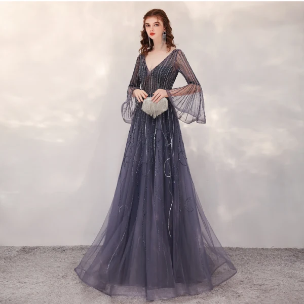 Luxury / Gorgeous Navy Blue Red Carpet Evening Dresses  2020 A-Line / Princess Deep V-Neck Bell sleeves Sequins Beading Floor-Length / Long Ruffle Backless Formal Dresses