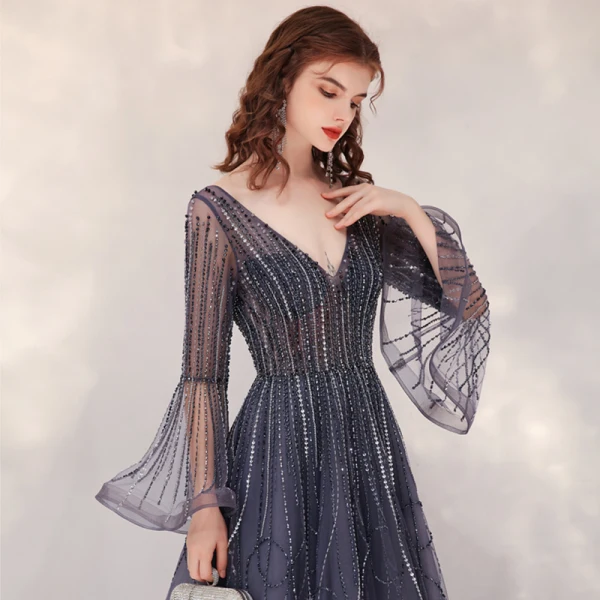 Luxury / Gorgeous Navy Blue Red Carpet Evening Dresses  2020 A-Line / Princess Deep V-Neck Bell sleeves Sequins Beading Floor-Length / Long Ruffle Backless Formal Dresses