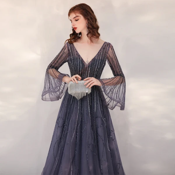 Luxury / Gorgeous Navy Blue Red Carpet Evening Dresses  2020 A-Line / Princess Deep V-Neck Bell sleeves Sequins Beading Floor-Length / Long Ruffle Backless Formal Dresses