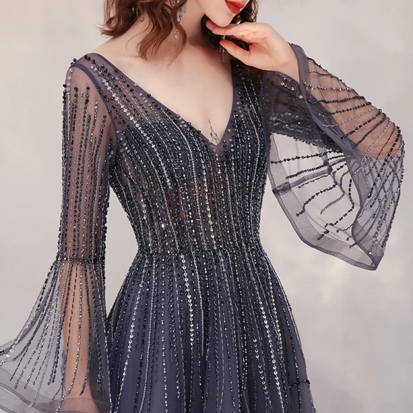 Luxury / Gorgeous Navy Blue Red Carpet Evening Dresses  2020 A-Line / Princess Deep V-Neck Bell sleeves Sequins Beading Floor-Length / Long Ruffle Backless Formal Dresses
