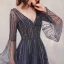 Luxury / Gorgeous Navy Blue Red Carpet Evening Dresses  2020 A-Line / Princess Deep V-Neck Bell sleeves Sequins Beading Floor-Length / Long Ruffle Backless Formal Dresses