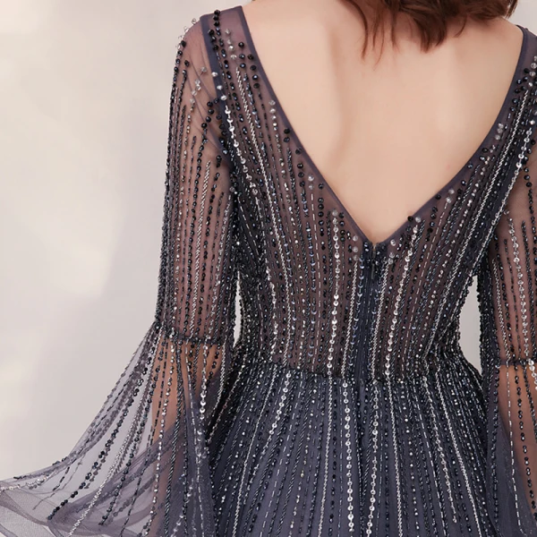 Luxury / Gorgeous Navy Blue Red Carpet Evening Dresses  2020 A-Line / Princess Deep V-Neck Bell sleeves Sequins Beading Floor-Length / Long Ruffle Backless Formal Dresses