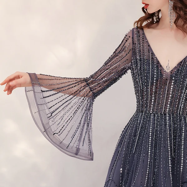 Luxury / Gorgeous Navy Blue Red Carpet Evening Dresses  2020 A-Line / Princess Deep V-Neck Bell sleeves Sequins Beading Floor-Length / Long Ruffle Backless Formal Dresses