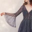 Luxury / Gorgeous Navy Blue Red Carpet Evening Dresses  2020 A-Line / Princess Deep V-Neck Bell sleeves Sequins Beading Floor-Length / Long Ruffle Backless Formal Dresses