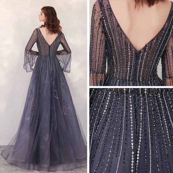 Luxury / Gorgeous Navy Blue Red Carpet Evening Dresses  2020 A-Line / Princess Deep V-Neck Bell sleeves Sequins Beading Floor-Length / Long Ruffle Backless Formal Dresses