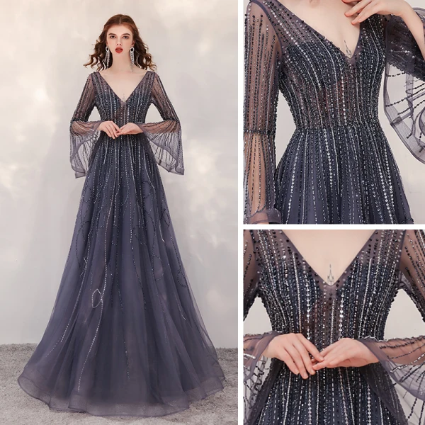 Luxury / Gorgeous Navy Blue Red Carpet Evening Dresses  2020 A-Line / Princess Deep V-Neck Bell sleeves Sequins Beading Floor-Length / Long Ruffle Backless Formal Dresses