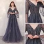 Luxury / Gorgeous Navy Blue Red Carpet Evening Dresses  2020 A-Line / Princess Deep V-Neck Bell sleeves Sequins Beading Floor-Length / Long Ruffle Backless Formal Dresses