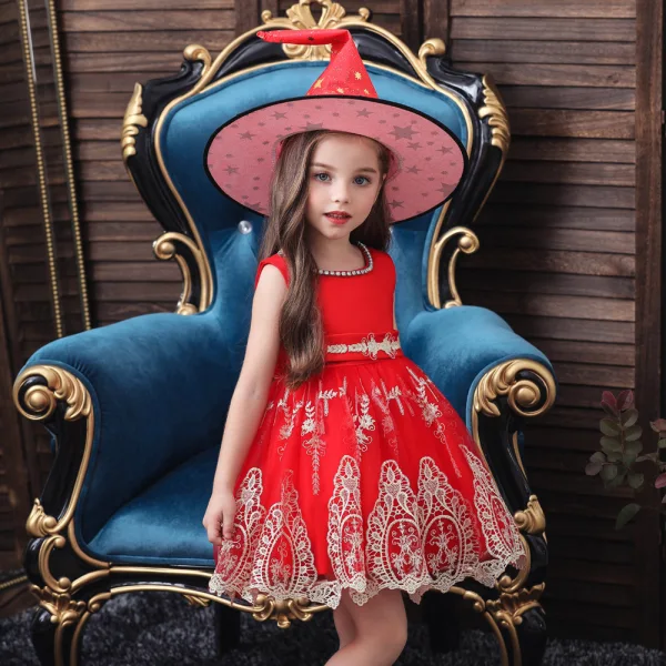 Mode Schwarz Halloween Blumenmädchenkleider 2020 Ballkleid Rundhalsausschnitt Ärmellos Applikationen Spitze Stoffgürtel Kurze Rüschen