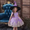 Mode Noire Halloween Robe Ceremonie Fille 2020 Robe Boule Encolure Dégagée Sans Manches Appliques En Dentelle Ceinture Courte Volants