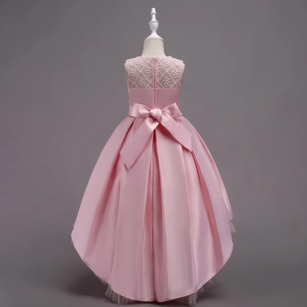 Chic / Beautiful Candy Pink Satin Birthday Flower Girl Dresses 2020 Princess Scoop Neck Sleeveless Appliques Lace Beading Asymmetrical Ruffle