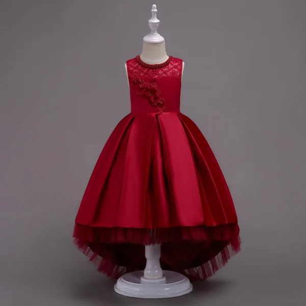 Chic / Beautiful Candy Pink Satin Birthday Flower Girl Dresses 2020 Princess Scoop Neck Sleeveless Appliques Lace Beading Asymmetrical Ruffle