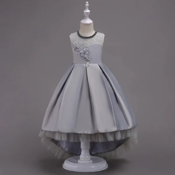 Chic / Beautiful Candy Pink Satin Birthday Flower Girl Dresses 2020 Princess Scoop Neck Sleeveless Appliques Lace Beading Asymmetrical Ruffle
