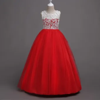 Chic Belle Rouge Robe Ceremonie Fille 2020 Princesse Encolure Dégagée Sans Manches Longue Volants