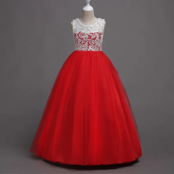 Chic / Beautiful Red Flower Girl Dresses 2020 A-Line / Princess Scoop Neck Sleeveless Floor-Length / Long Ruffle