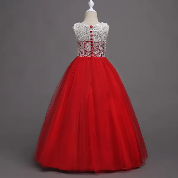Chic / Beautiful Red Flower Girl Dresses 2020 A-Line / Princess Scoop Neck Sleeveless Floor-Length / Long Ruffle