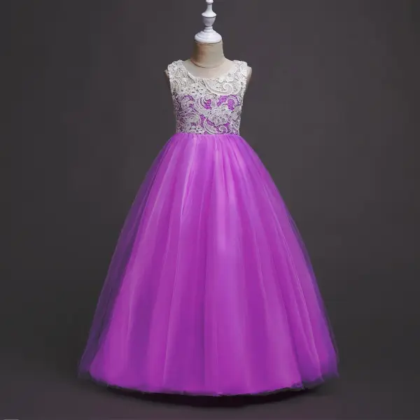Chic / Beautiful Red Flower Girl Dresses 2020 A-Line / Princess Scoop Neck Sleeveless Floor-Length / Long Ruffle