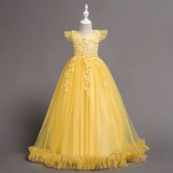 Classique Jaune Anniversaire Robe Ceremonie Fille 2020 Robe Boule Encolure Dégagée Sans Manches Appliques En Dentelle Faux Diamant Longue Volants