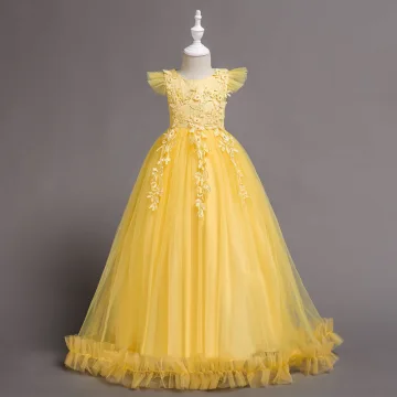 Classique Jaune Anniversaire Robe Ceremonie Fille 2020 Robe Boule Encolure Dégagée Sans Manches Appliques En Dentelle Faux Diamant Longue Volants