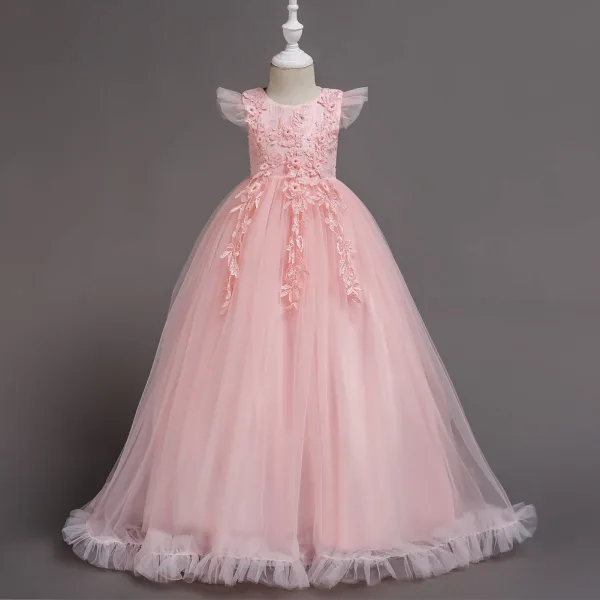 Classic Yellow Birthday Flower Girl Dresses 2020 Ball Gown Scoop Neck Sleeveless Appliques Lace Rhinestone Floor-Length / Long Ruffle