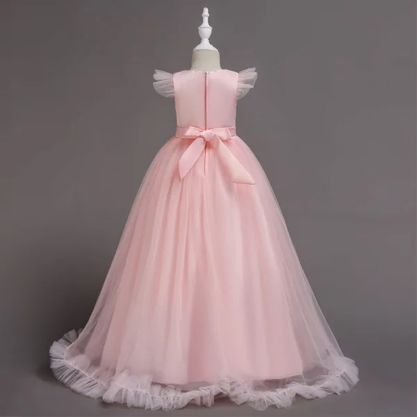Classic Yellow Birthday Flower Girl Dresses 2020 Ball Gown Scoop Neck Sleeveless Appliques Lace Rhinestone Floor-Length / Long Ruffle