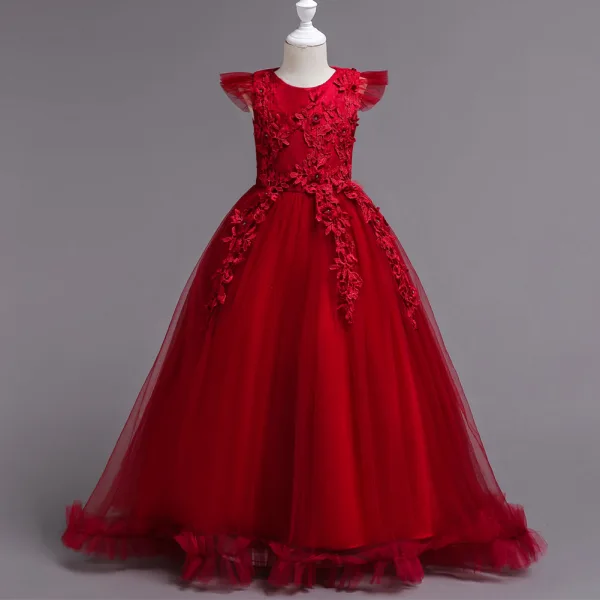 Classic Yellow Birthday Flower Girl Dresses 2020 Ball Gown Scoop Neck Sleeveless Appliques Lace Rhinestone Floor-Length / Long Ruffle