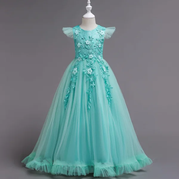 Classic Yellow Birthday Flower Girl Dresses 2020 Ball Gown Scoop Neck Sleeveless Appliques Lace Rhinestone Floor-Length / Long Ruffle