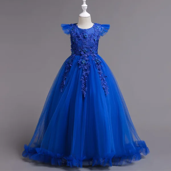 Classic Yellow Birthday Flower Girl Dresses 2020 Ball Gown Scoop Neck Sleeveless Appliques Lace Rhinestone Floor-Length / Long Ruffle
