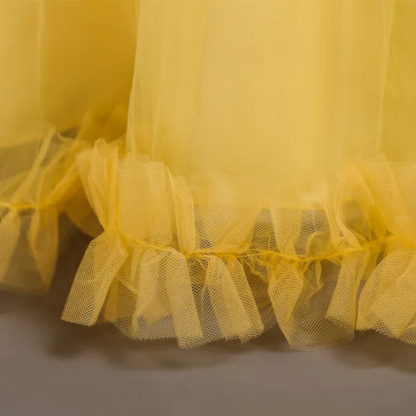 Classic Yellow Birthday Flower Girl Dresses 2020 Ball Gown Scoop Neck Sleeveless Appliques Lace Rhinestone Floor-Length / Long Ruffle