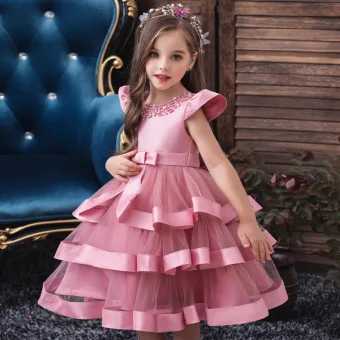 Charmant Rose Bonbon Anniversaire Robe Ceremonie Fille 2020 Robe Boule Encolure Dégagée Sans Manches Perlage Perle Noeud Ceinture Thé Longueur Volants En Cascade