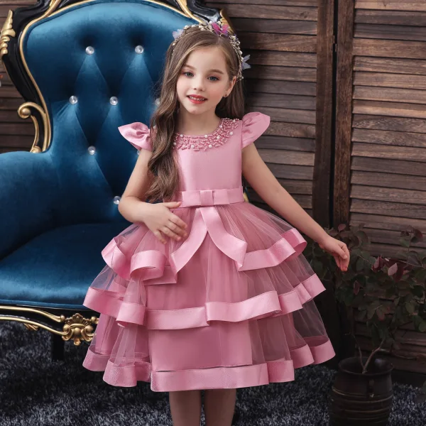 Lovely Candy Pink Birthday Flower Girl Dresses 2020 Ball Gown Scoop Neck Sleeveless Beading Pearl Bow Sash Tea-length Cascading Ruffles