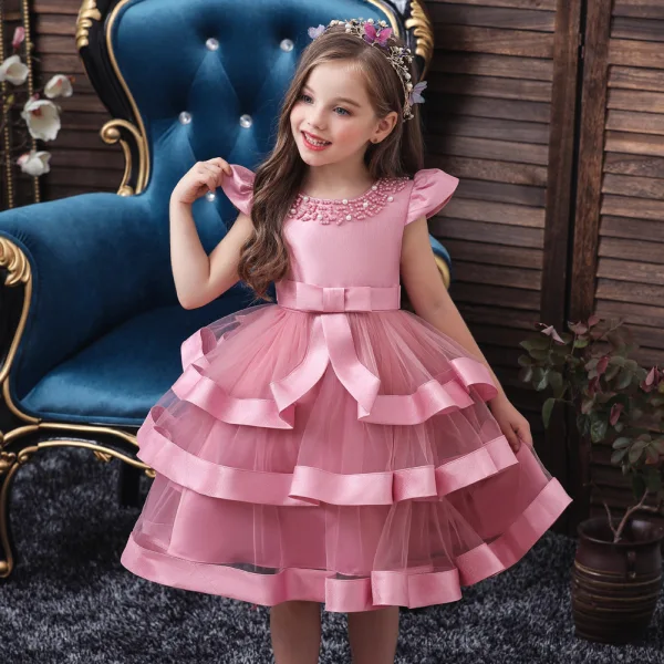 Lovely Candy Pink Birthday Flower Girl Dresses 2020 Ball Gown Scoop Neck Sleeveless Beading Pearl Bow Sash Tea-length Cascading Ruffles