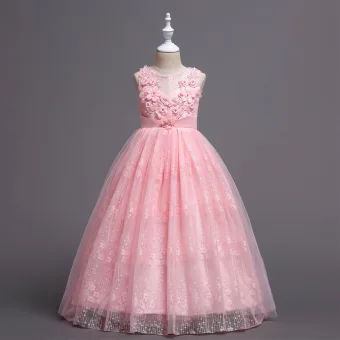 Classique Perle Rose Robe Ceremonie Fille 2020 Robe Boule Encolure Dégagée Sans Manches Dos Nu Appliques En Dentelle Fleur Ceinture Longue Volants