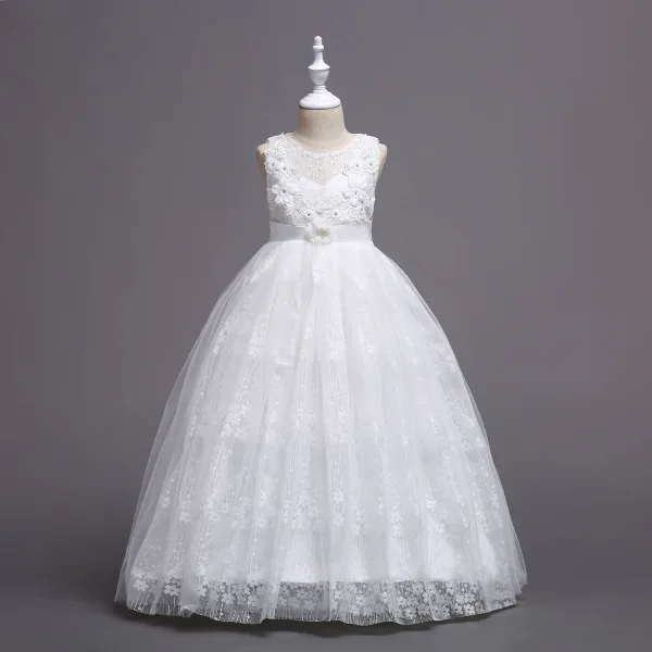 Classic Pearl Pink Flower Girl Dresses 2020 Ball Gown Scoop Neck Sleeveless Backless Appliques Lace Flower Sash Floor-Length / Long Ruffle