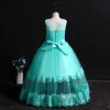 Chic / Beautiful Mint Green Birthday Flower Girl Dresses 2020 Ball Gown Scoop Neck Sleeveless Lace Appliques Flower Rhinestone Pearl Floor-Length / Long Ruffle