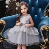 Lovely Grey Birthday Flower Girl Dresses 2020 Ball Gown Scoop Neck Sleeveless Appliques Lace Bow Sash Short Ruffle