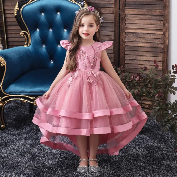 Vintage / Retro Dark Green Birthday Flower Girl Dresses 2020 Princess Scoop Neck Cap Sleeves Appliques Lace Asymmetrical Cascading Ruffles