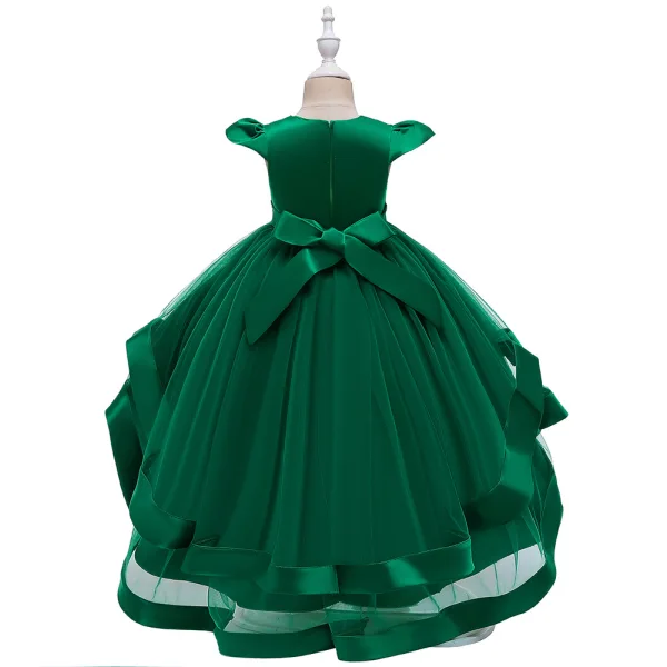 Vintage / Retro Dark Green Birthday Flower Girl Dresses 2020 Princess Scoop Neck Cap Sleeves Appliques Lace Asymmetrical Cascading Ruffles