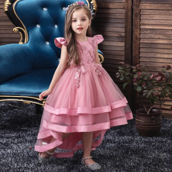 Vintage / Retro Dark Green Birthday Flower Girl Dresses 2020 Princess Scoop Neck Cap Sleeves Appliques Lace Asymmetrical Cascading Ruffles