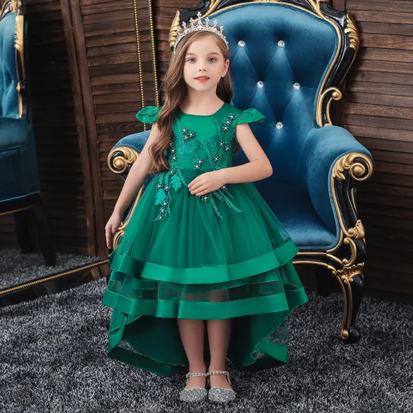 Vintage / Retro Dark Green Birthday Flower Girl Dresses 2020 Princess Scoop Neck Cap Sleeves Appliques Lace Asymmetrical Cascading Ruffles