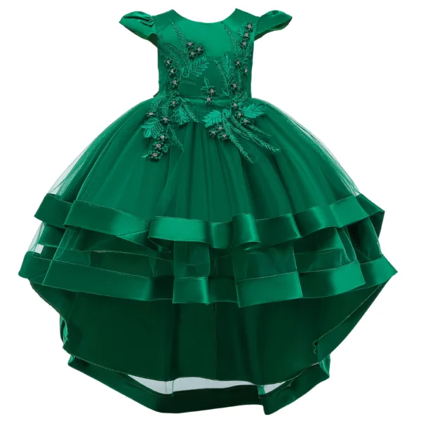 Vintage / Retro Dark Green Birthday Flower Girl Dresses 2020 Princess Scoop Neck Cap Sleeves Appliques Lace Asymmetrical Cascading Ruffles