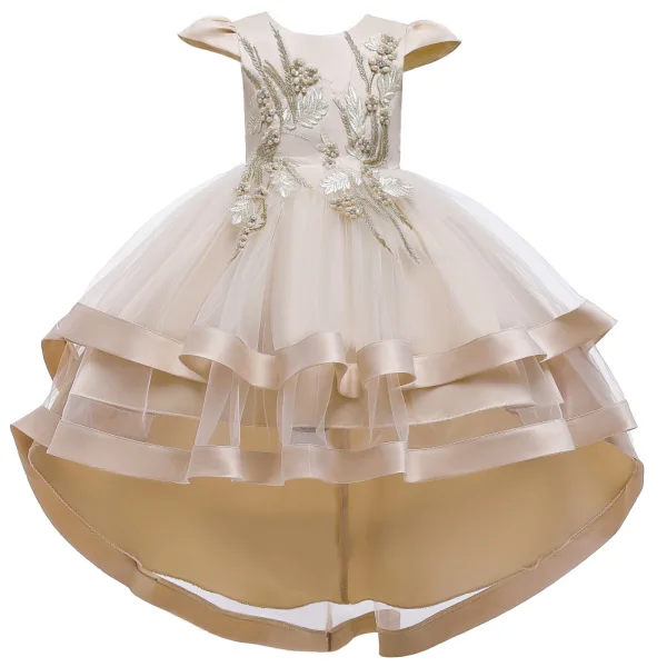 Vintage / Retro Dark Green Birthday Flower Girl Dresses 2020 Princess Scoop Neck Cap Sleeves Appliques Lace Asymmetrical Cascading Ruffles