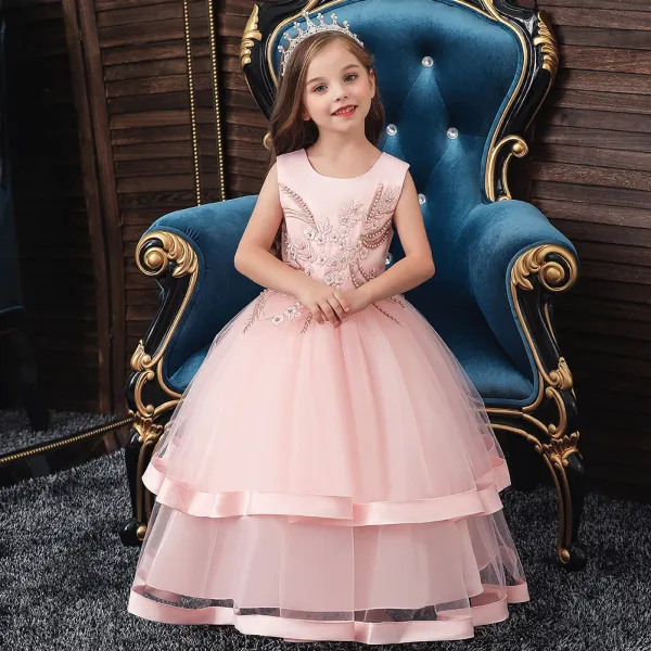 Chic / Beautiful Birthday Blushing Pink Flower Girl Dresses 2020 Ball Gown Scoop Neck Sleeveless Appliques Lace Pearl Floor-Length / Long Ruffle