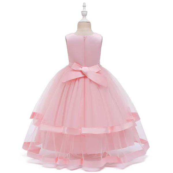 Chic / Beautiful Birthday Blushing Pink Flower Girl Dresses 2020 Ball Gown Scoop Neck Sleeveless Appliques Lace Pearl Floor-Length / Long Ruffle