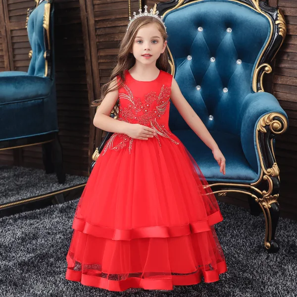 Chic / Beautiful Birthday Blushing Pink Flower Girl Dresses 2020 Ball Gown Scoop Neck Sleeveless Appliques Lace Pearl Floor-Length / Long Ruffle