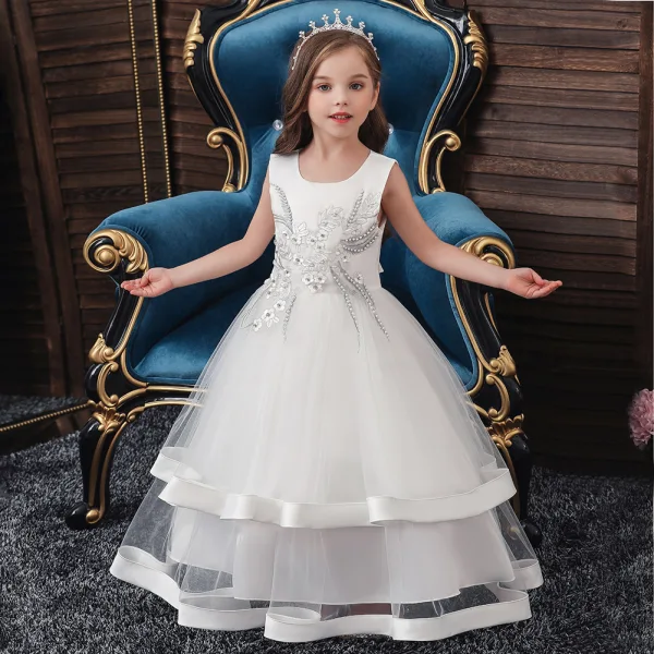 Chic / Beautiful Birthday Blushing Pink Flower Girl Dresses 2020 Ball Gown Scoop Neck Sleeveless Appliques Lace Pearl Floor-Length / Long Ruffle