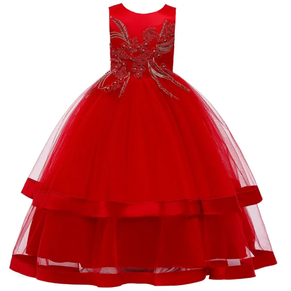 Chic / Beautiful Birthday Blushing Pink Flower Girl Dresses 2020 Ball Gown Scoop Neck Sleeveless Appliques Lace Pearl Floor-Length / Long Ruffle