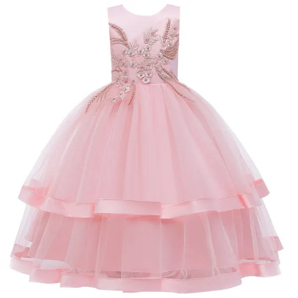 Chic / Beautiful Birthday Blushing Pink Flower Girl Dresses 2020 Ball Gown Scoop Neck Sleeveless Appliques Lace Pearl Floor-Length / Long Ruffle