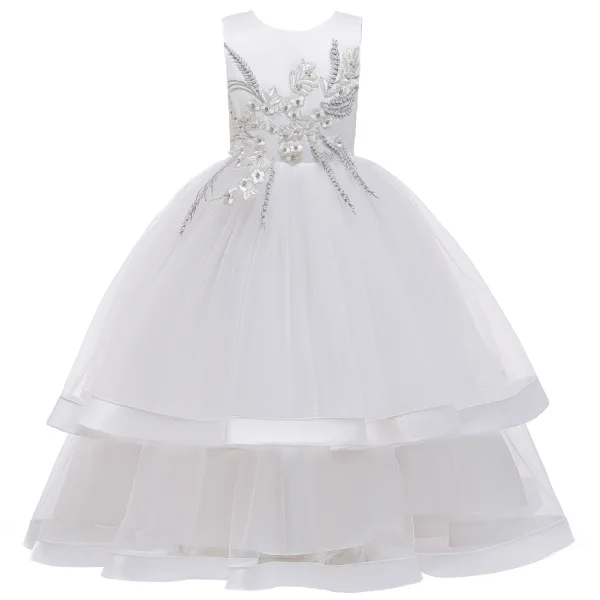 Chic / Beautiful Birthday Blushing Pink Flower Girl Dresses 2020 Ball Gown Scoop Neck Sleeveless Appliques Lace Pearl Floor-Length / Long Ruffle