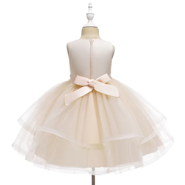 Chic / Beautiful Champagne Birthday Flower Girl Dresses 2020 Ball Gown Scoop Neck Sleeveless Appliques Lace Rhinestone Short Ruffle